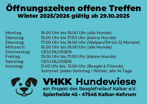 Öffnungszeiten VHKK Hundewiese Winter 2025/2026